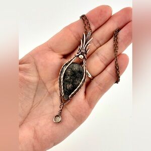 HAND CRAFTED Fireworks Obsidian and CZ Wire Wrapped Copper Pendant Necklace